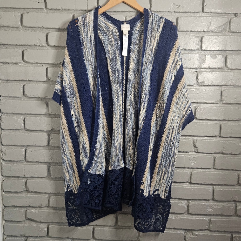 Chicos Blue Striped Lace Hem Open Front Cardigan Kimono Sweater S M